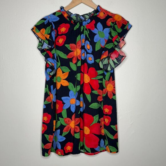 Entro Womens Floral Top XL Multicolor Feminine Blue Ruffle Blouse‎ Brunch Office - Picture 2 of 10